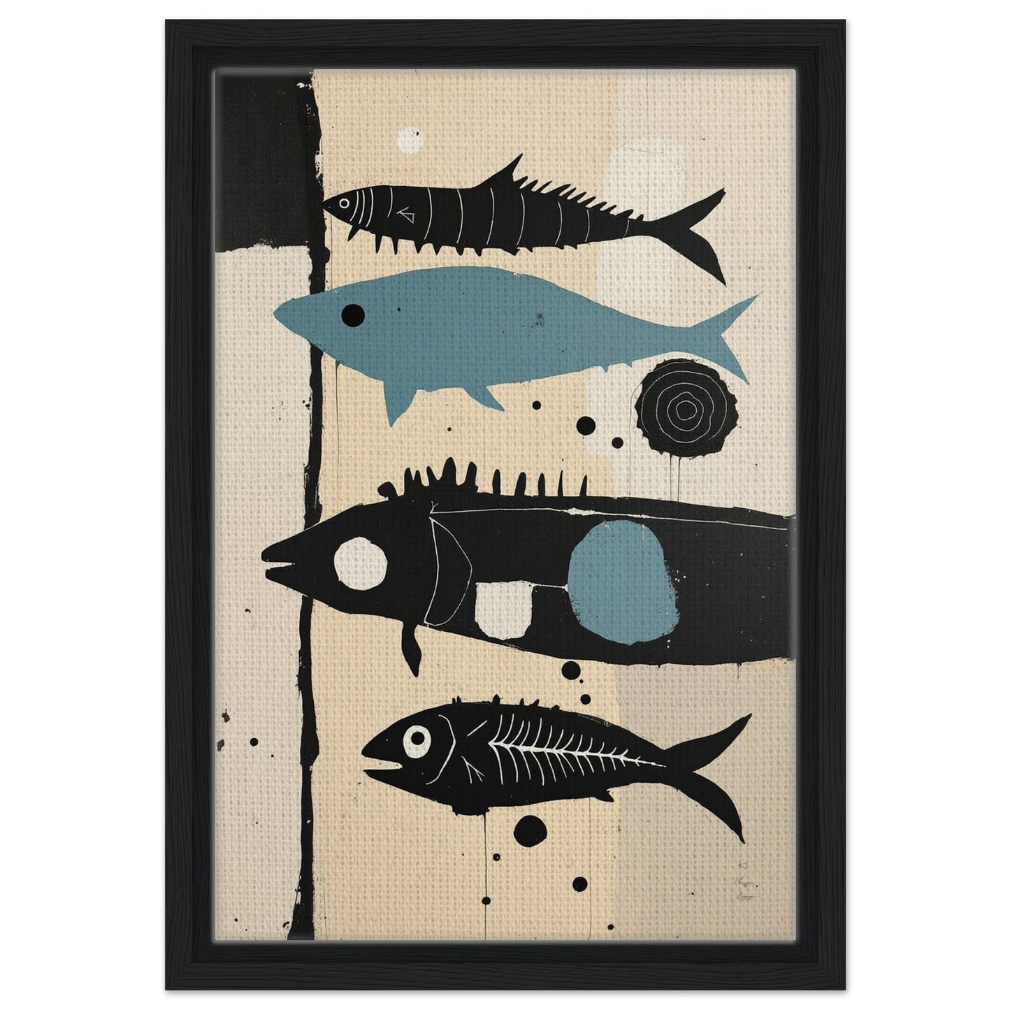 Mid-Century Modern Fish Art Poster Print – Framed Abstract Neutral Wall Decor Black Wood Frame 30x45 cm 12x18″ Framed Canvas