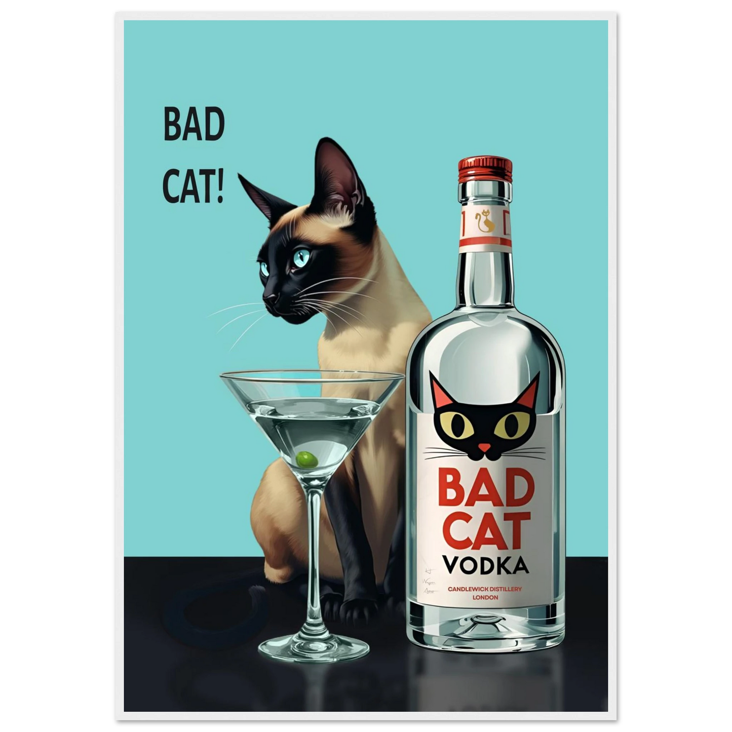 Siamese Cat Retro Martini Cocktail Bar Art Print White Wood Frame 70x100 cm 28x40″ Premium Matte Paper Wooden Framed Poster