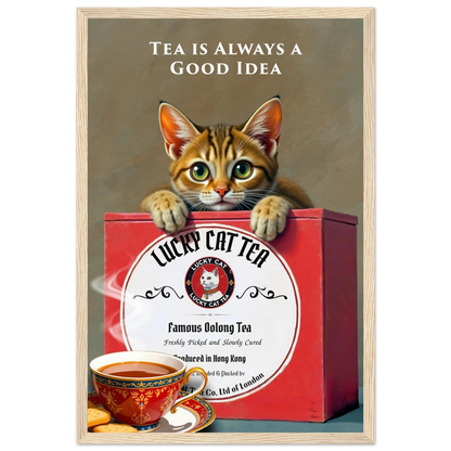 Tabby Lucky Cat Tea Vintage Kitchen Art Print Light Wood Frame 30x45 cm 12x18″ Premium Matte Paper Wooden Framed Poster