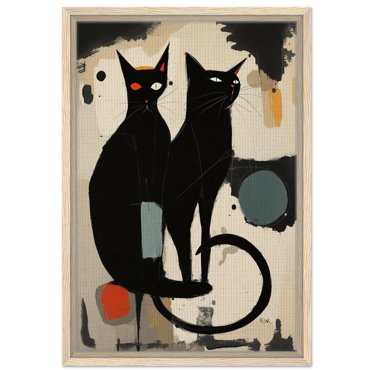 Abstract Crazy Cat Duo Art Print Light Wood Frame 40x60 cm 16x24″ Framed Canvas