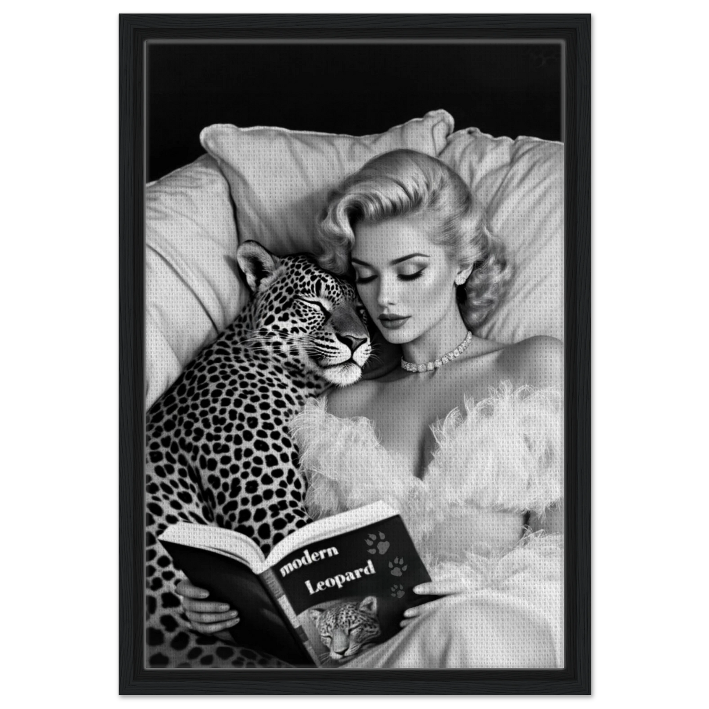 Hollywood Starlet Leopard Cat Art Print 40x60 cm 16x24″ Framed Canvas Black Wood Frame