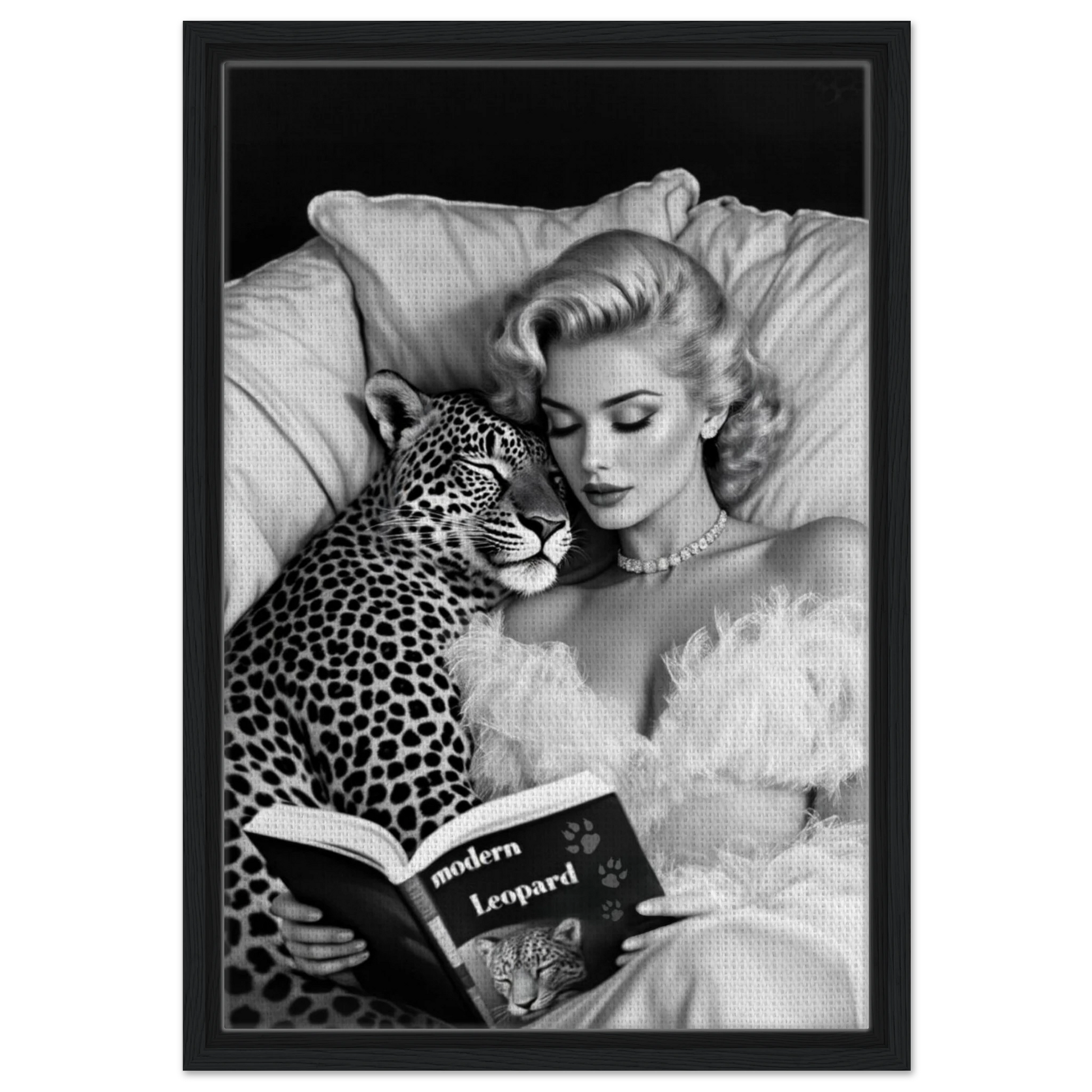 Hollywood Starlet Leopard Cat Art Print 40x60 cm 16x24″ Framed Canvas Black Wood Frame