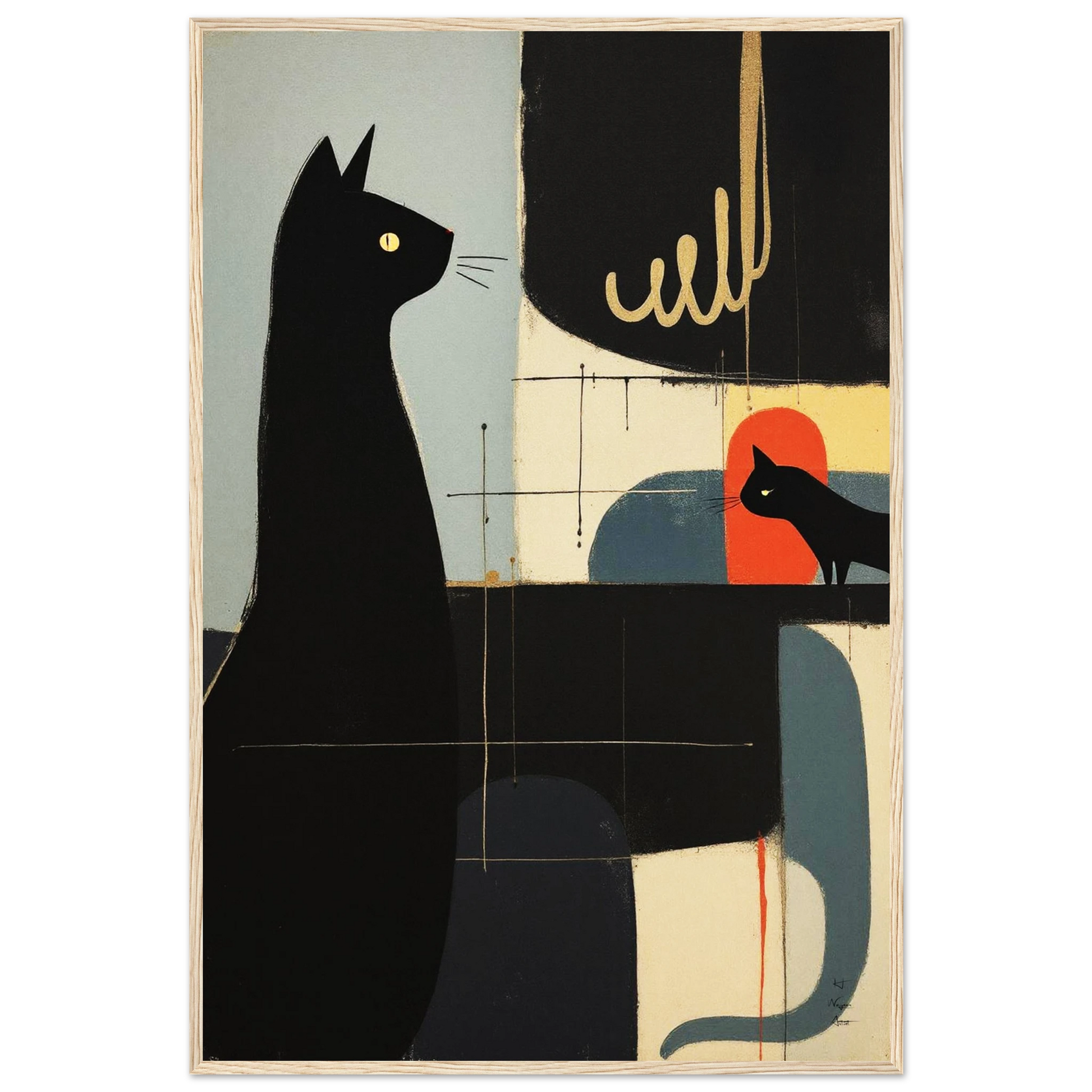 Abstract Cat & Kitten Modern Art Print Light Wood Frame 60x90 cm 24x36″ Premium Matte Framed Poster