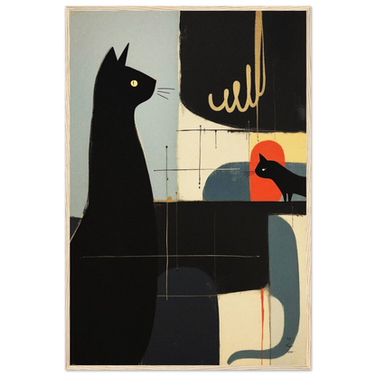 Abstract Cat & Kitten Modern Art Print Light Wood Frame 60x90 cm 24x36″ Premium Matte Framed Poster