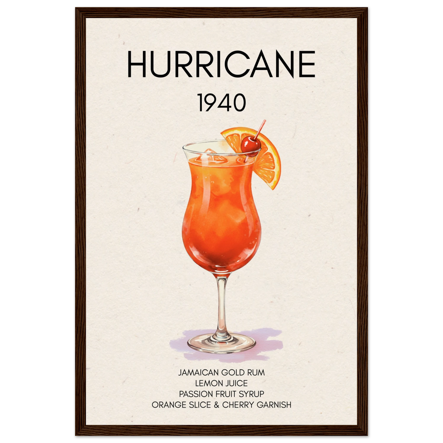 Hurricane Cocktail Bar Poster Print Dark Brown Wood Frame 30x45 cm 12x18″ Museum-Quality Matte Paper Wooden Framed Poster