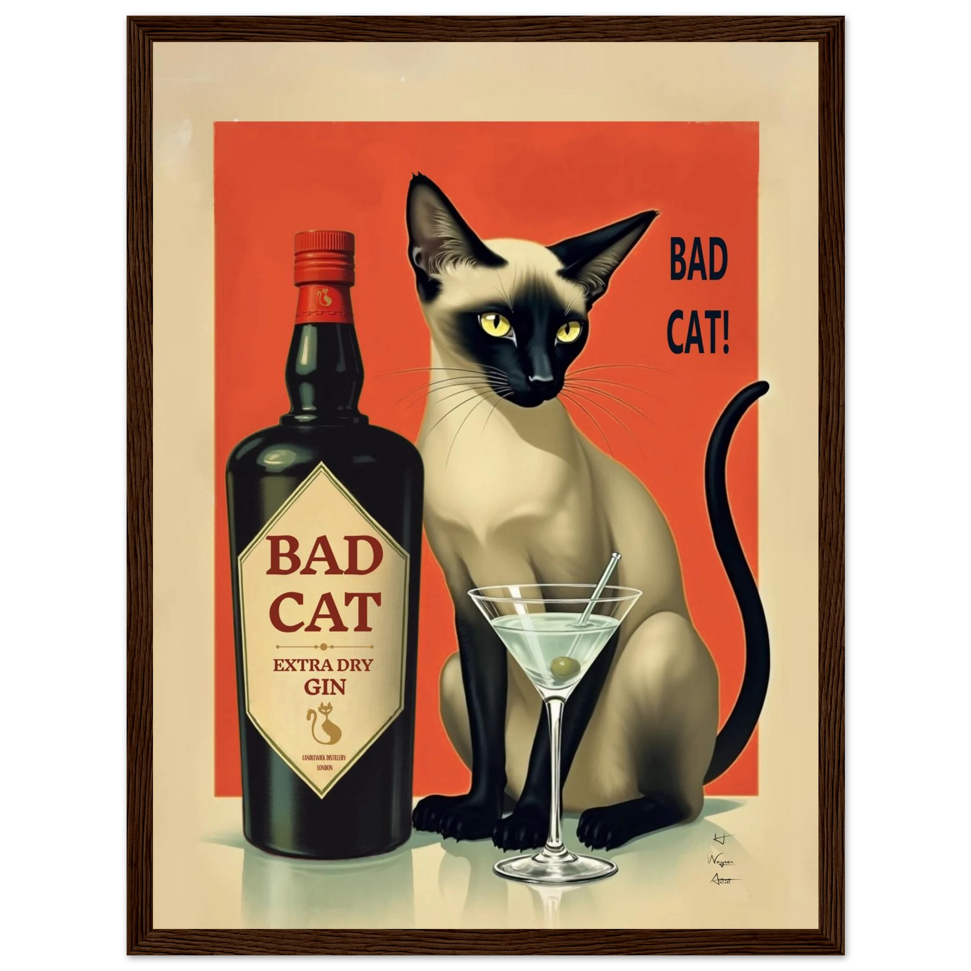 Siamese Cat Gin Martini Cocktail Art Print 30x40 cm 12x16″ Classic Matte Paper Wooden Framed Poster Dark Brown Wood Frame