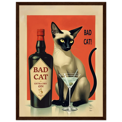 Siamese Cat Gin Martini Cocktail Art Print 30x40 cm 12x16″ Classic Matte Paper Wooden Framed Poster Dark Brown Wood Frame