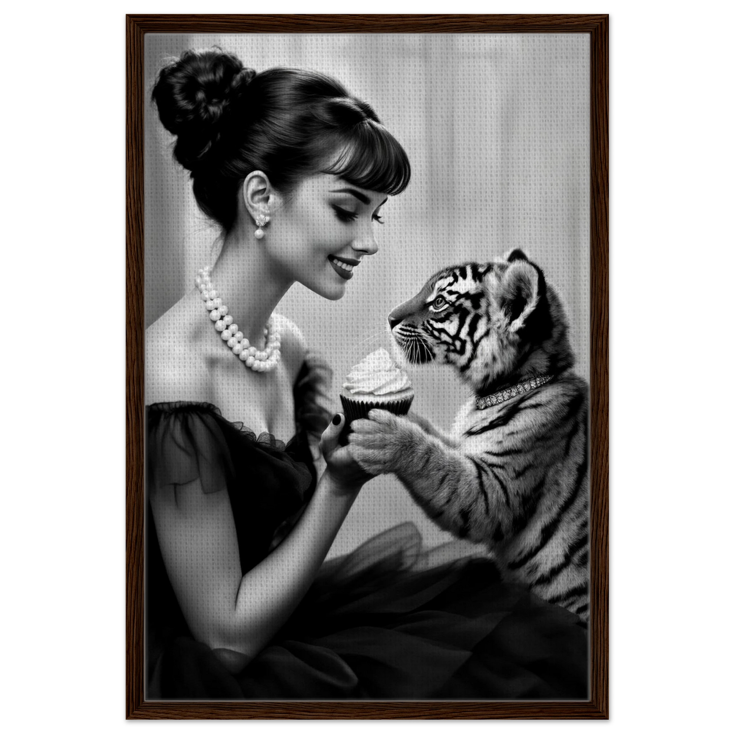 Audrey Hepburn Tiger Cub Art Print Dark Brown Wood Frame 60x90 cm 24x36″ Framed Canvas