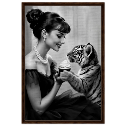 Audrey Hepburn Tiger Cub Art Print Dark Brown Wood Frame 60x90 cm 24x36″ Framed Canvas