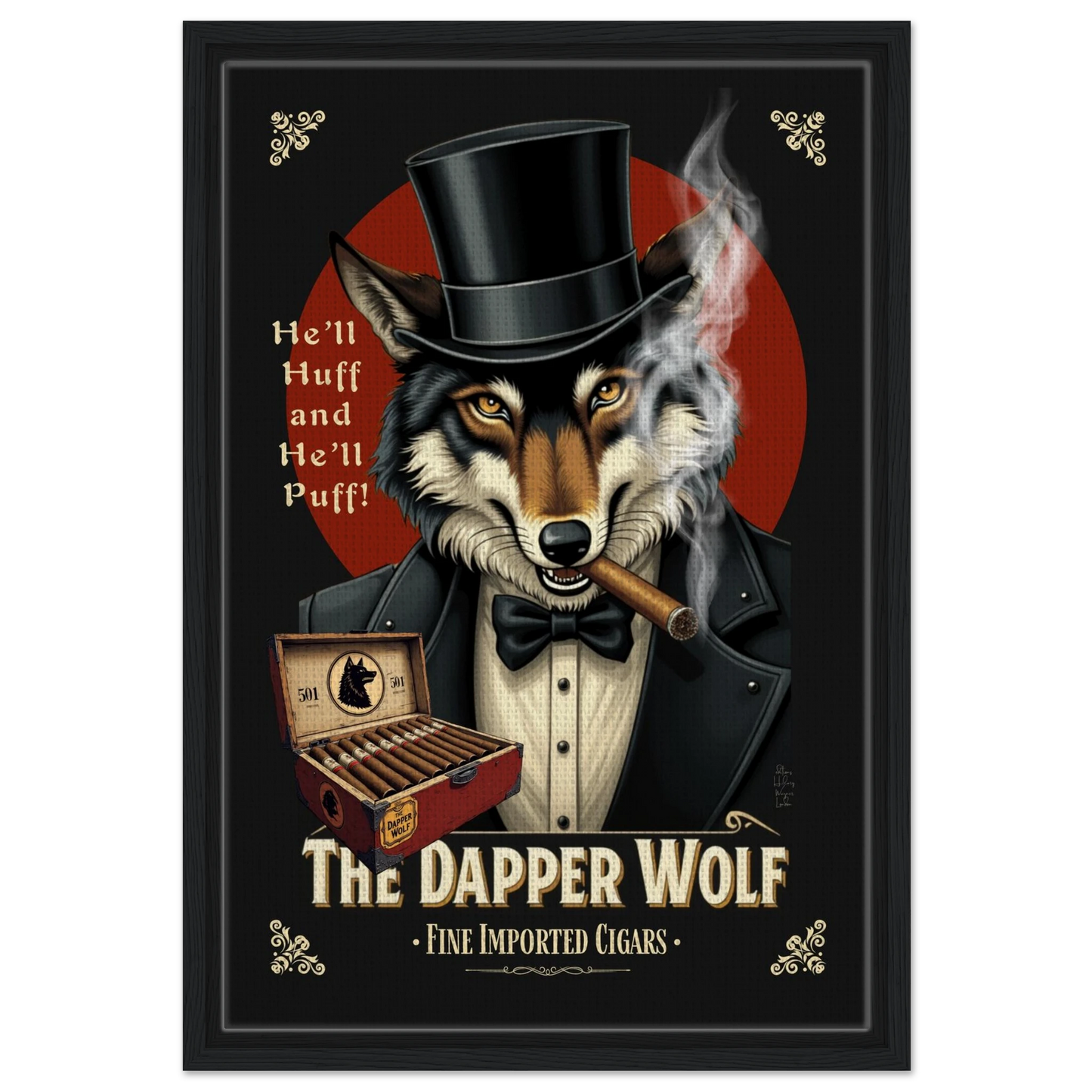 Smoking Wolf Retro Cigar Art Print 40x60 cm 16x24″ Framed Canvas Black Wood frame