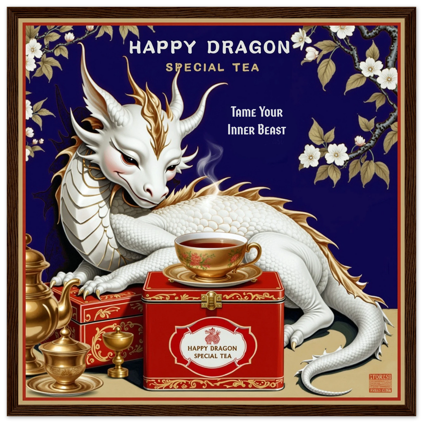 Happy Dragon Tea Art Print 40x40 cm 16x16″ Classic Matte Paper Wooden Framed Poster Dark Brown Wood Frame
