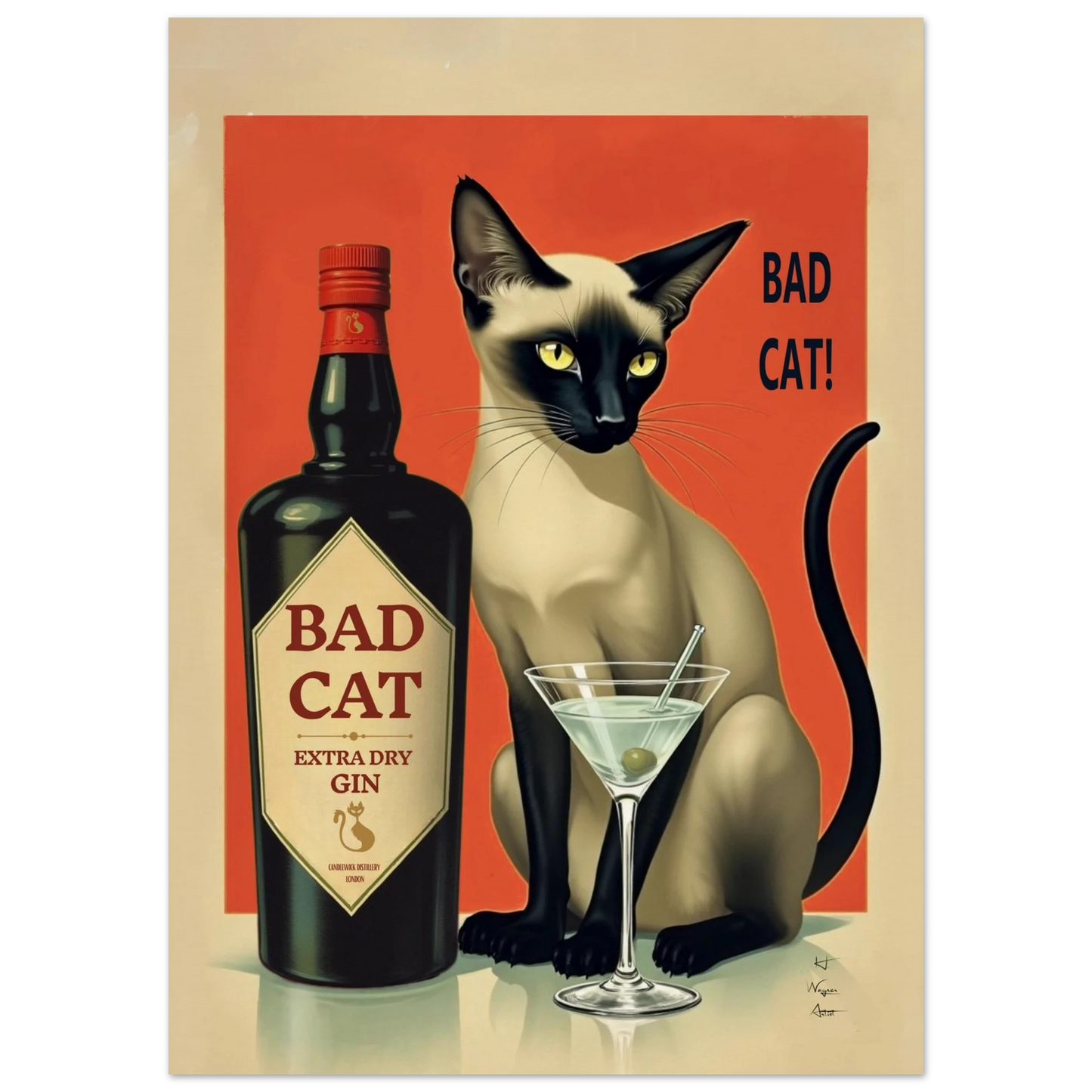 Siamese Cat Gin Martini Cocktail Art Print 50x70 cm 20x28″ Museum-Quality Matte Paper Poster No Frame