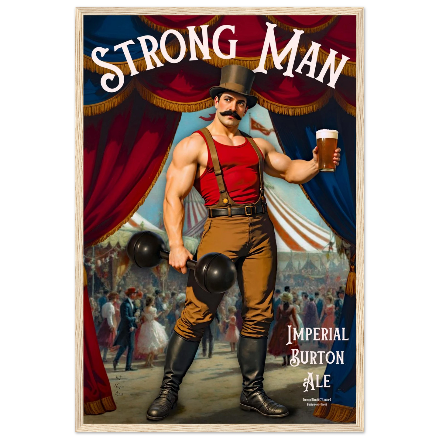 Vintage Victorian Circus Strongman Ale Art Print Light Wood Frame 40x60 cm 16x24″ Premium Matte Wooden Framed Poster