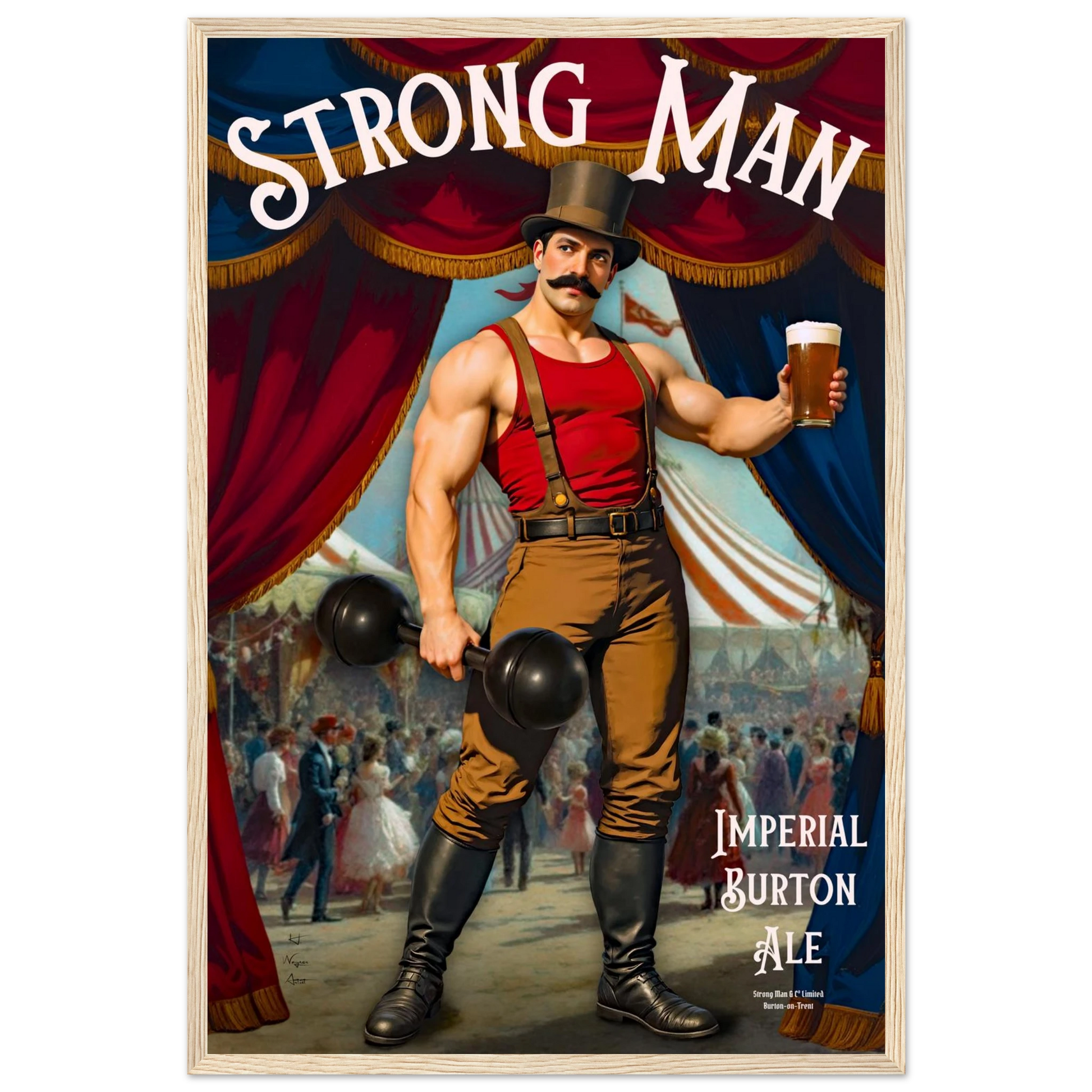Vintage Victorian Circus Strongman Ale Art Print Light Wood Frame 40x60 cm 16x24″ Premium Matte Wooden Framed Poster