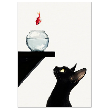 Curious Black Cat Goldfish Minimalist Art Print 70x100 cm 28x40″ Museum-Quality Matte Poster
