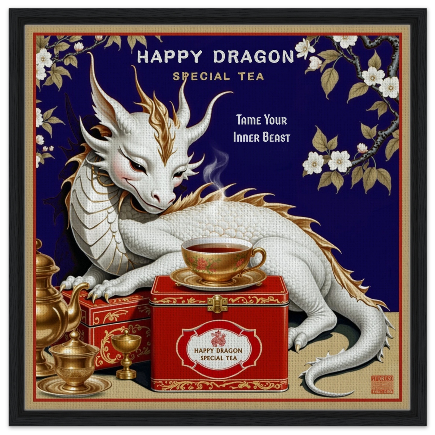 Happy Dragon Tea Art Print 60x60 cm 24x24″ Framed Canvas Black Wood Frame
