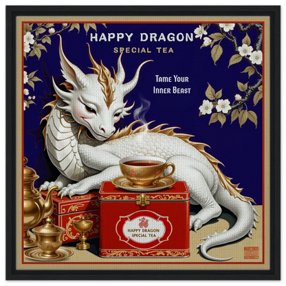 Happy Dragon Tea Art Print 60x60 cm 24x24″ Framed Canvas Black Wood Frame