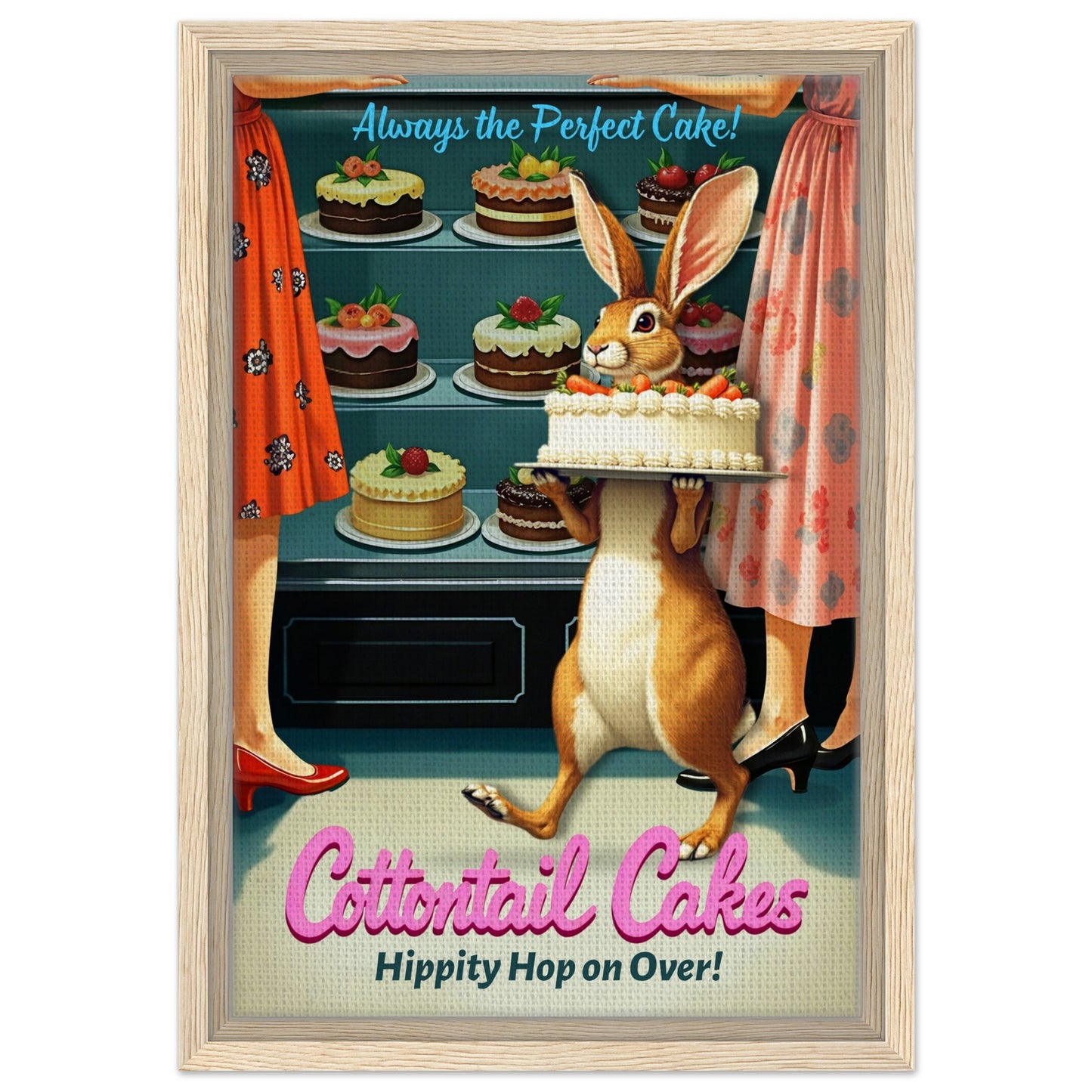 Cottontail Cakes 1950s Rabbit Art Print 30x45 cm 12x18″ Framed Canvas - Light Wood