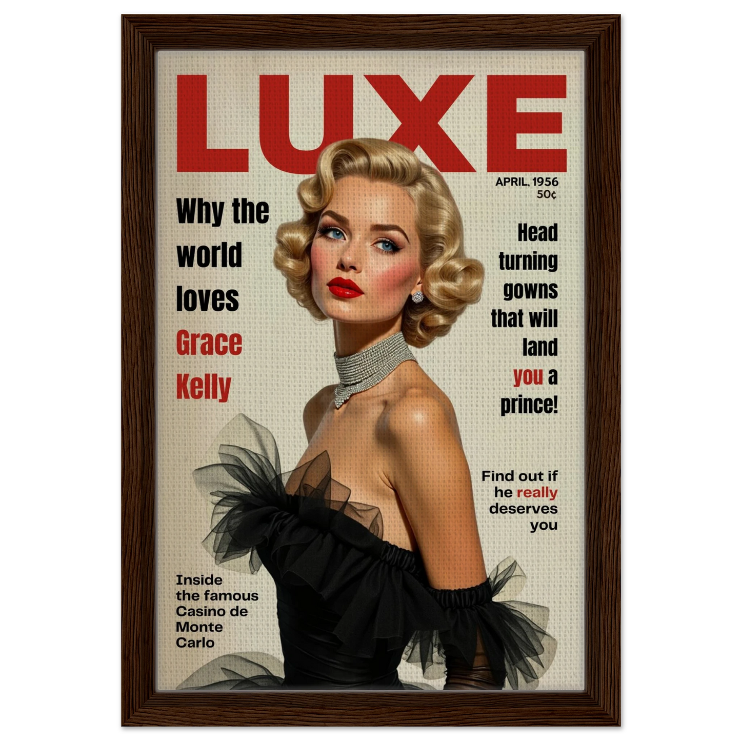 Grace Kelly Hollywood Glam Magazine Art Print Dark Brown Wood Frame 30x45 cm 12x18″ Framed Canvas