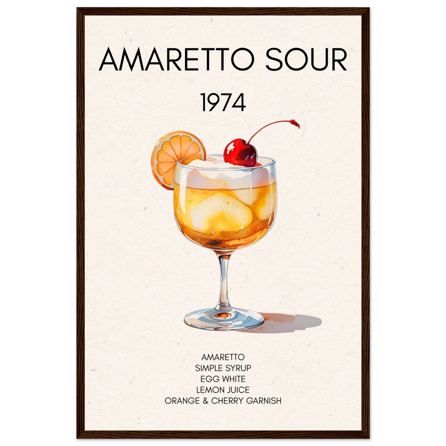 Amaretto Sour Cocktail Bar Art Print Dark Brown Wood Frame 40x60 cm 16x24″ Premium Matte Paper Wooden Framed Poster