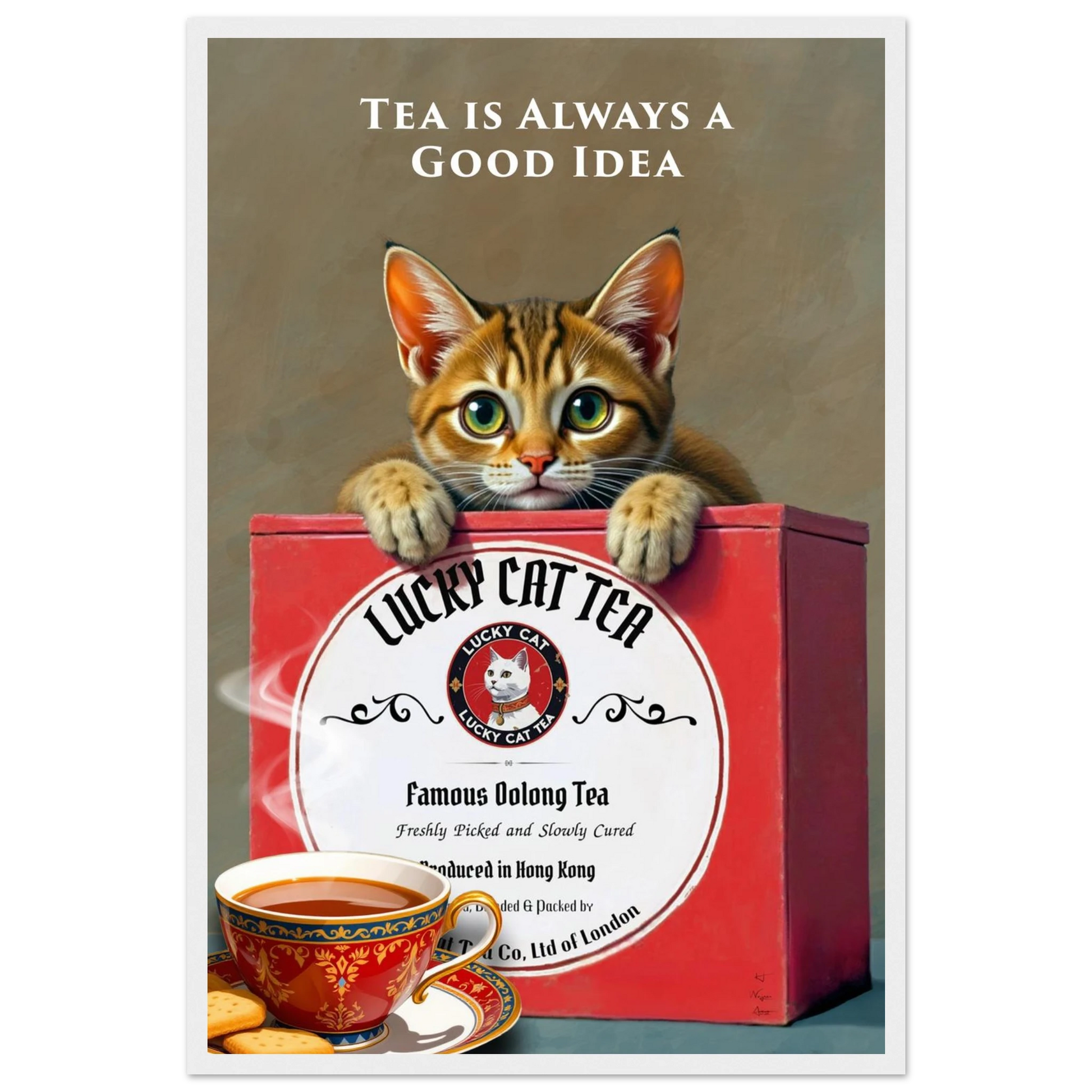 Tabby Lucky Cat Tea Vintage Kitchen Art Print White Wood Frame 40x60 cm 16x24″ Premium Matte Paper Wooden Framed Poster