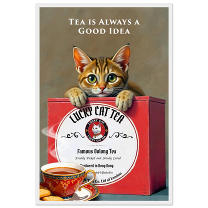 Tabby Lucky Cat Tea Vintage Kitchen Art Print White Wood Frame 40x60 cm 16x24″ Premium Matte Paper Wooden Framed Poster
