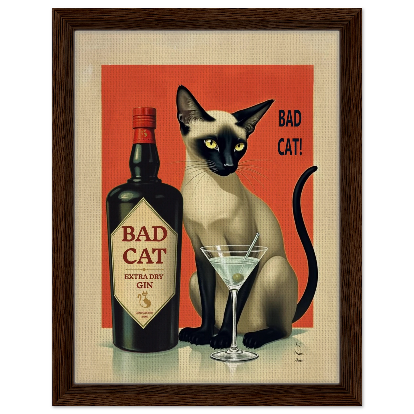 Siamese Cat Gin Martini Cocktail Art Print 30x40 cm 12x16″ Framed Canvas Dark Brown Wood Frame