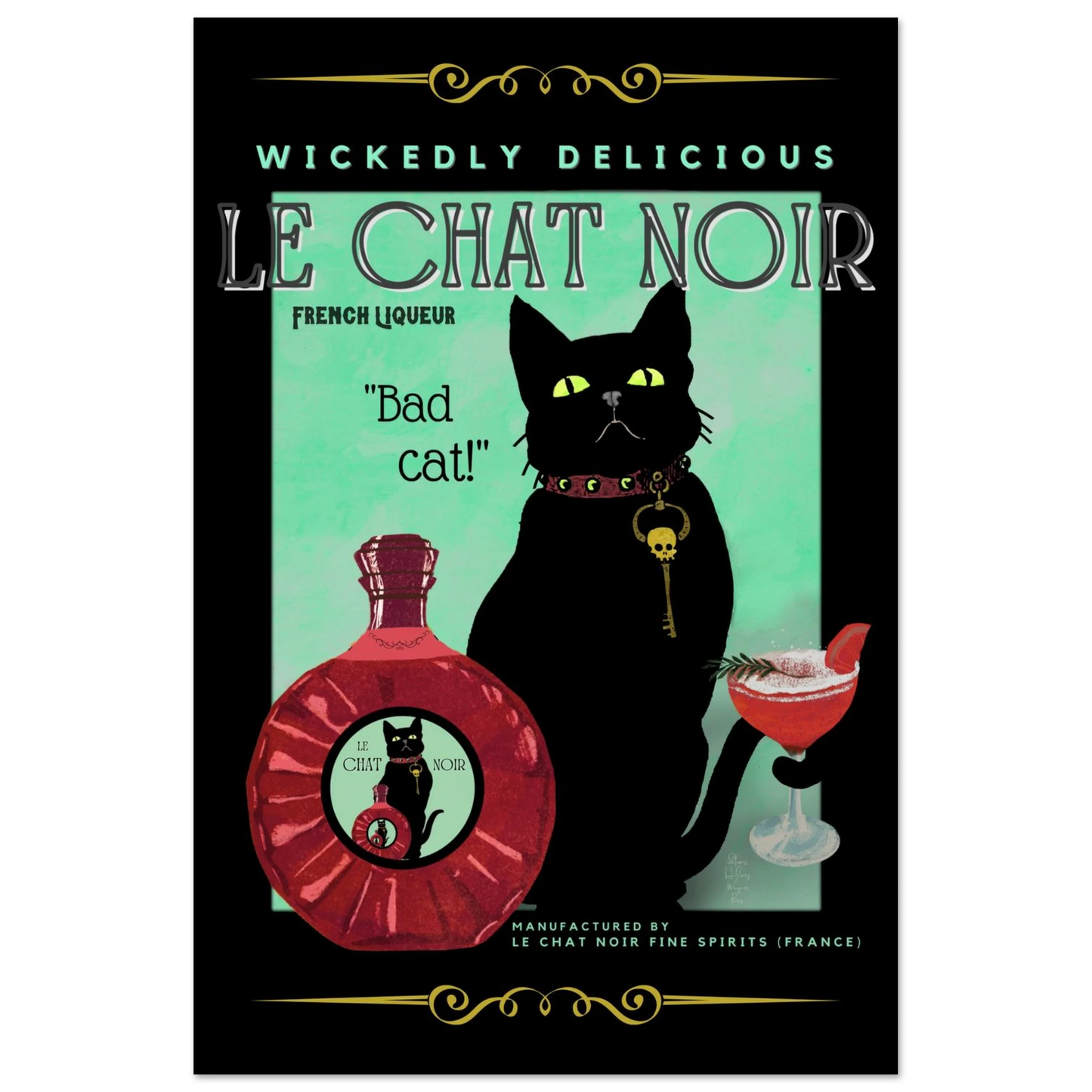 Black Cat Cocktail French Art Deco Print 40x60 cm 16x24″ Premium Matte Paper Poster No Frame