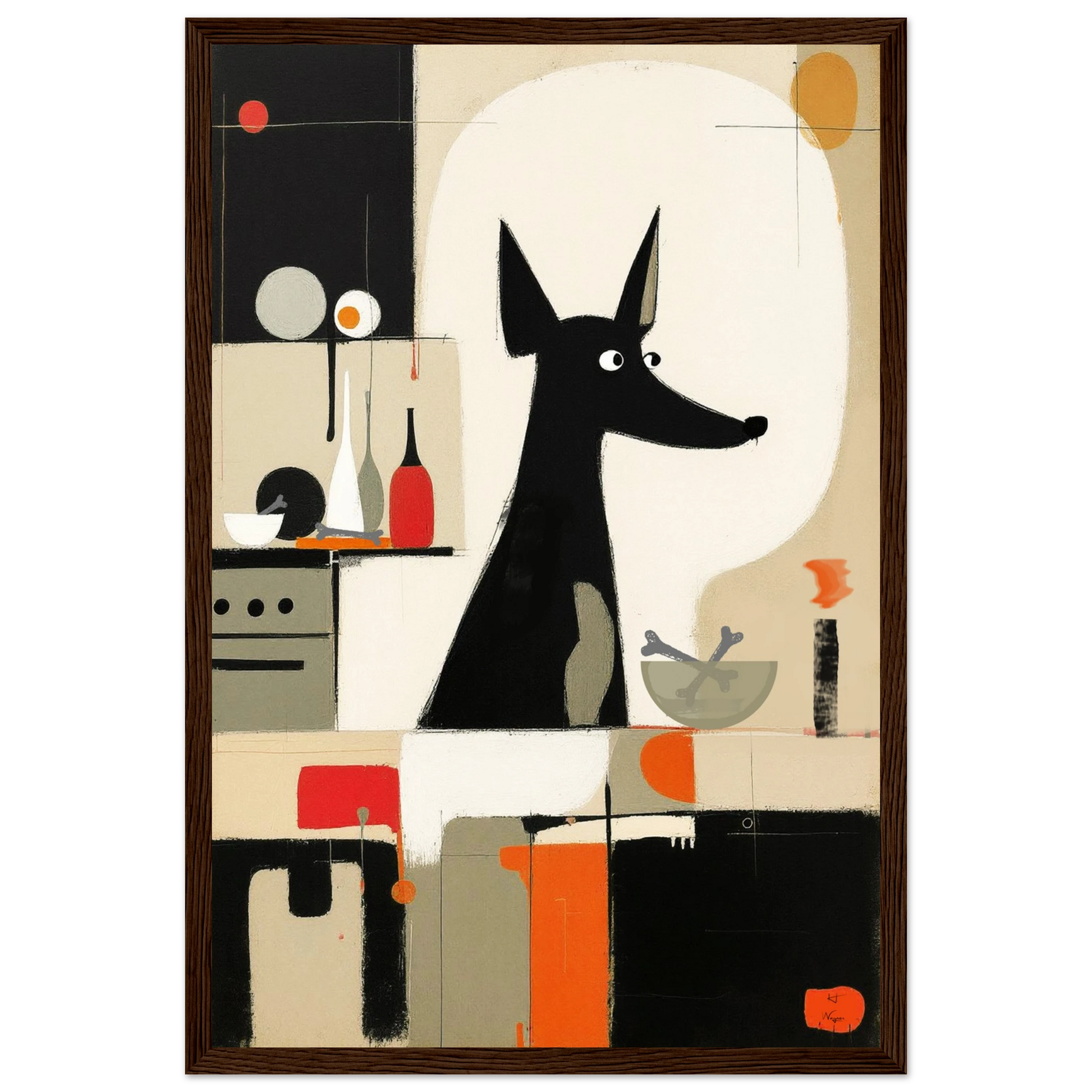 Modern Quirky Abstract Dog Art Print Dark Brown Wood Frame 30x45 cm 12x18″ Premium Matte Paper Wooden Framed Poster