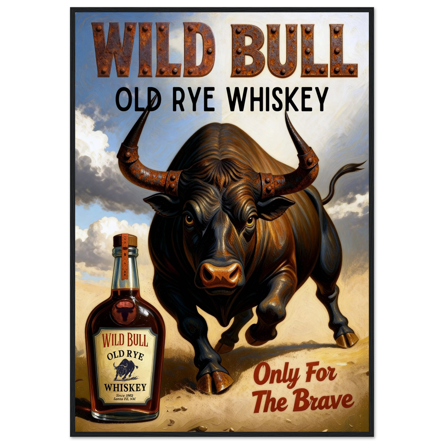 Wild Bull Old West Rye Whiskey Poster Print 70x100 cm 28x40″ Premium Matte Framed Poster Black Wood Frame