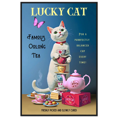 White Lucky Cat Tea Vintage Fine Art Print Black Wood Frame 60x90 cm 24x36″ Classic Matte Paper Wooden Framed Poster
