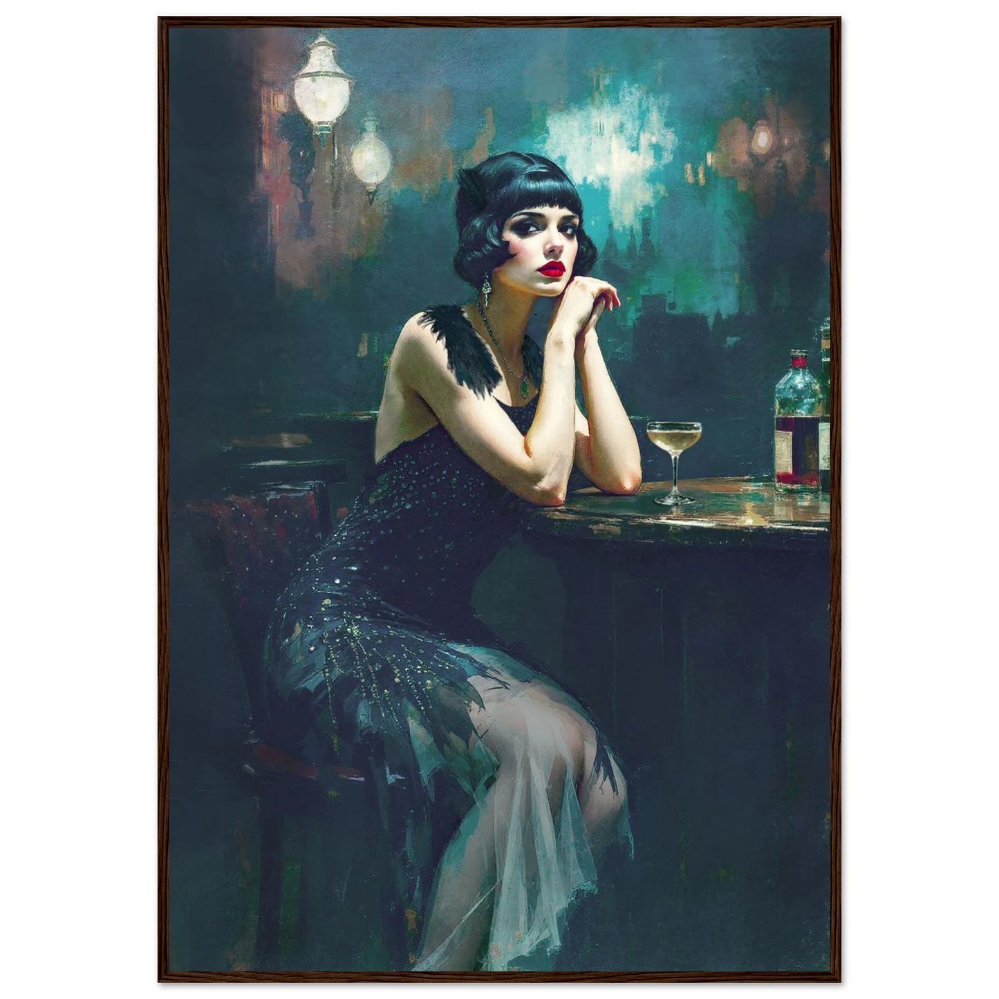 Jazz Age Speakeasy Flapper Art Print Dark Brown Wood Frame 70x100 cm 28x40″ Classic Matte Framed Poster