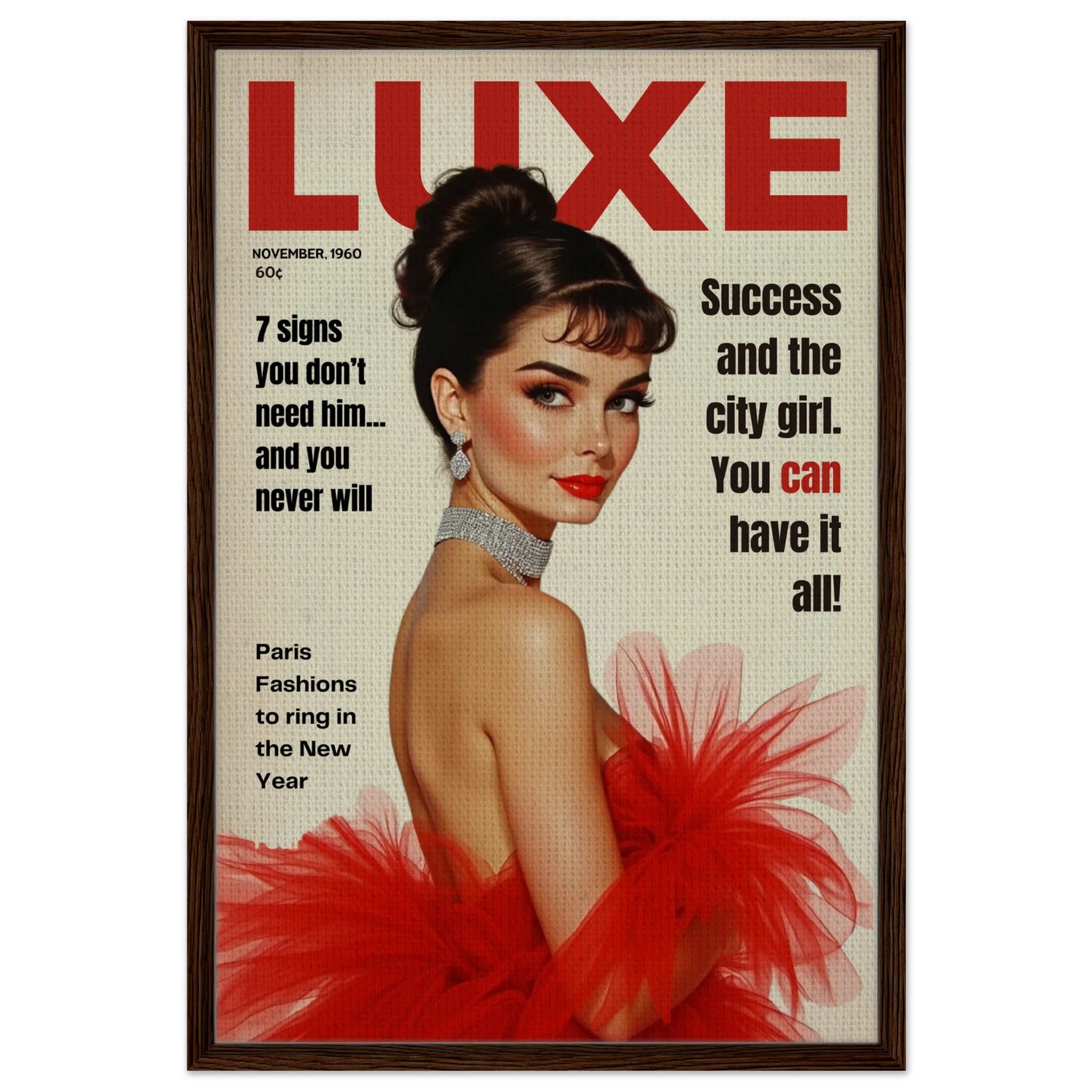 Audrey Hepburn Vintage Fashion Art Print Dark Brown Wood Frame 60x90 cm 24x36″ Framed Canvas