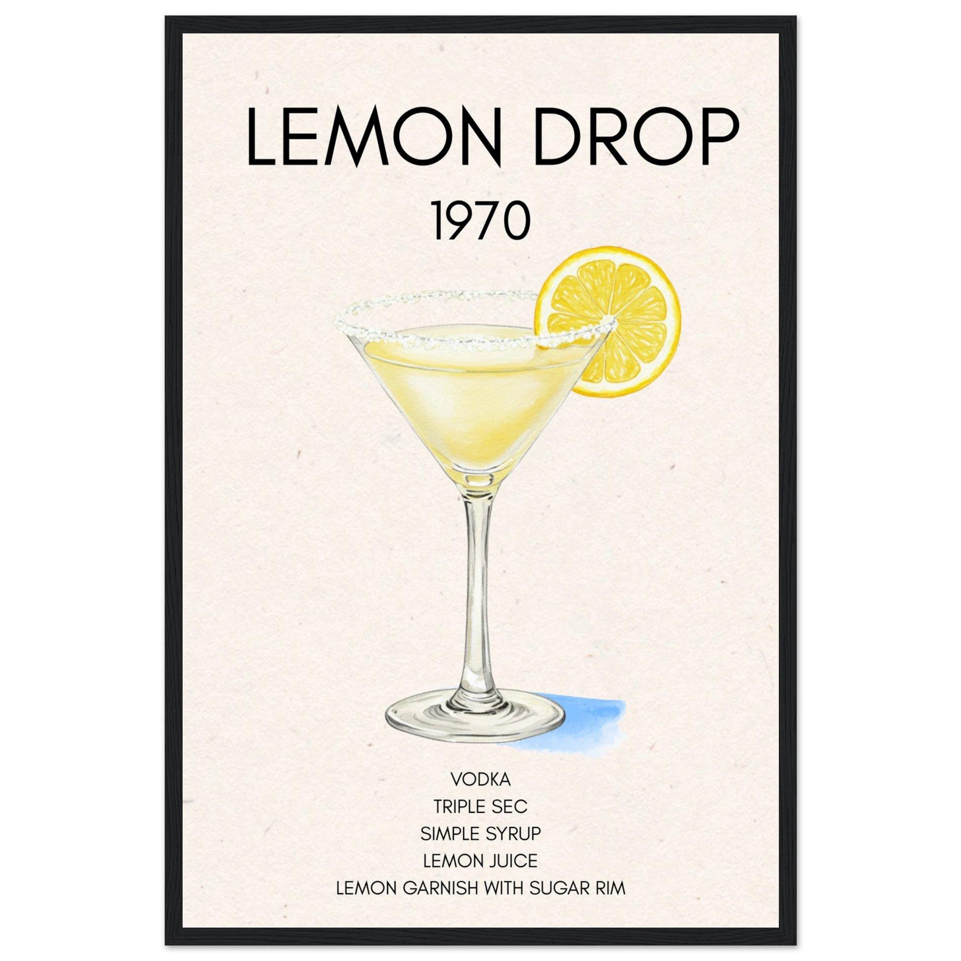 Lemon Drop Martini Cocktail Bar Art Print Black Wood Frame 40x60 cm 16x24″ Premium Matte Paper Wooden Framed Poster