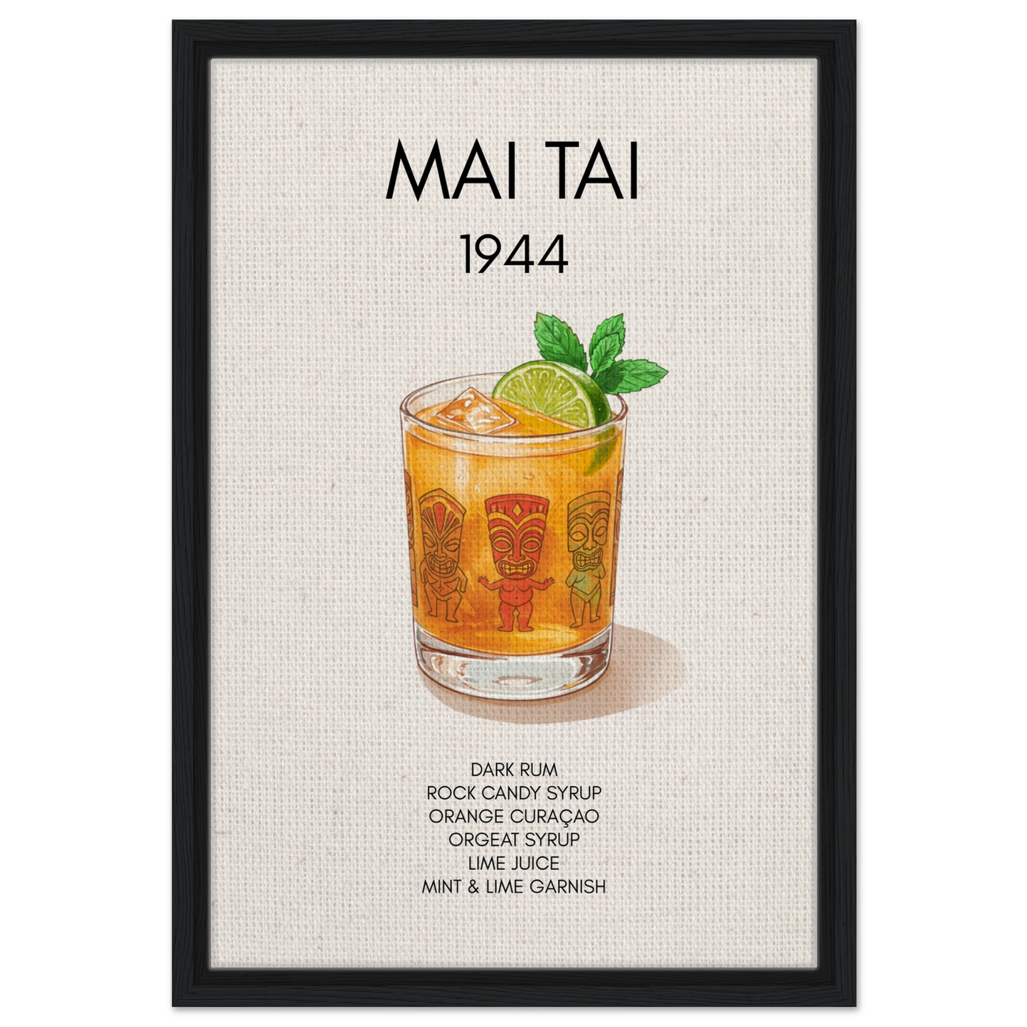 Mai Tai Tropical Cocktail Bar Poster Print Black Wood Frame 40x60 cm 16x24″ Framed Canvas