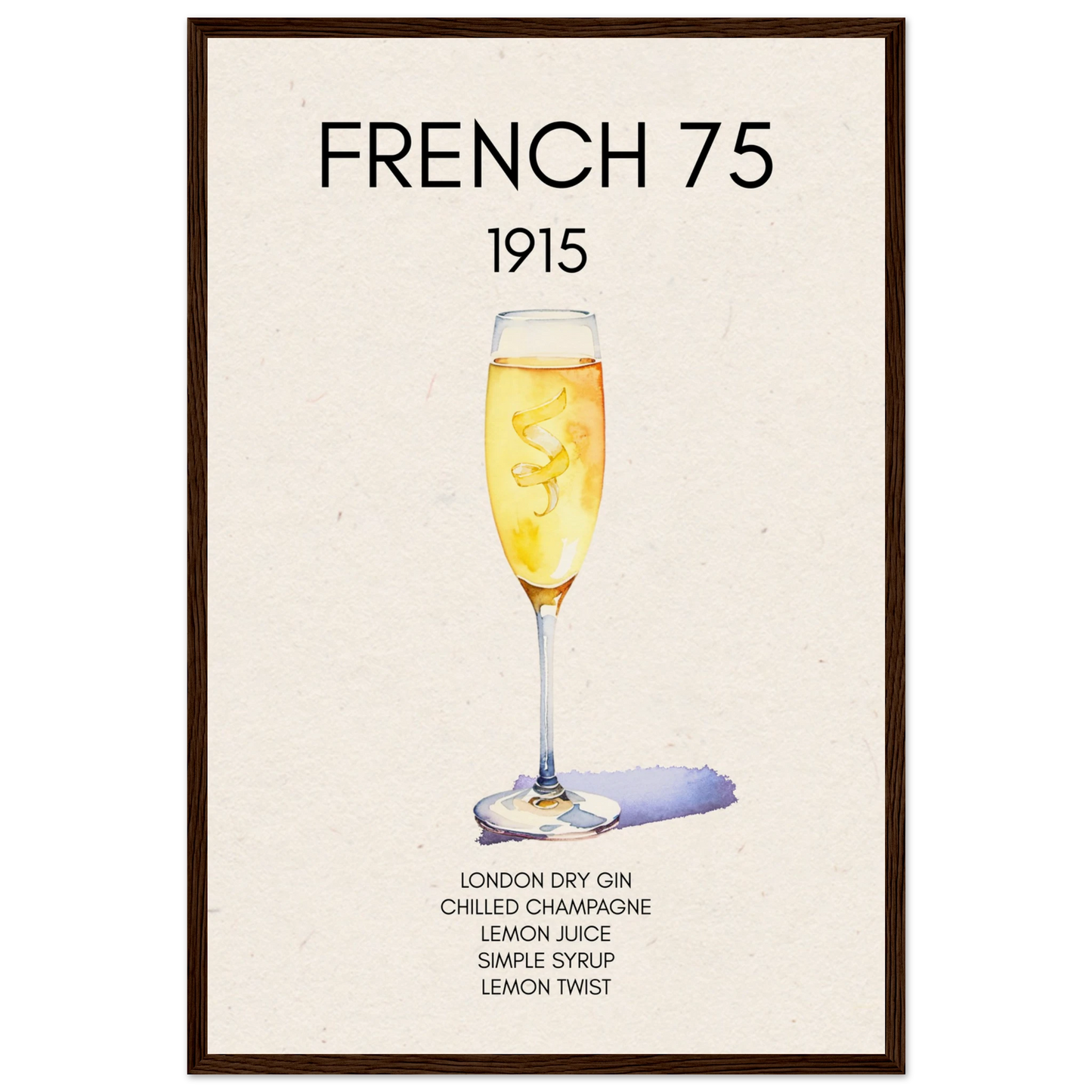 French 75 Cocktail Art Print Dark Brown Wood Frame 40x60 cm 16x24″ Museum-Quality Matte Paper Wooden Framed Poster