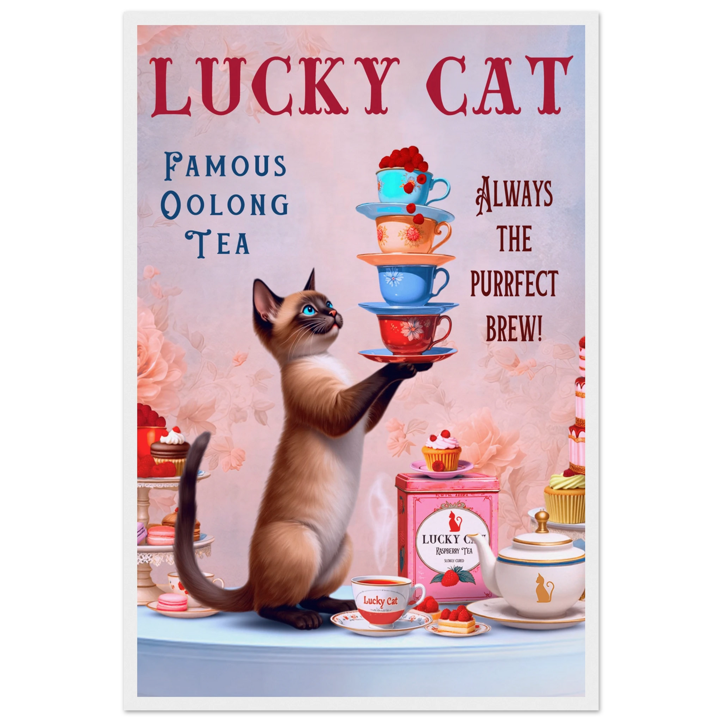 Siamese Lucky Cat Vintage Tea Art Print 40x60 cm 16x24″ Museum-Quality Matte Paper Wooden Framed Poster White Wood Frame