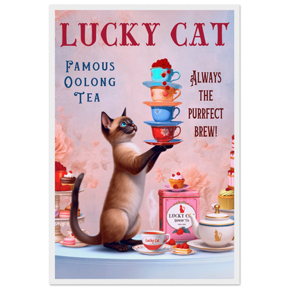 Siamese Lucky Cat Vintage Tea Art Print 40x60 cm 16x24″ Museum-Quality Matte Paper Wooden Framed Poster White Wood Frame