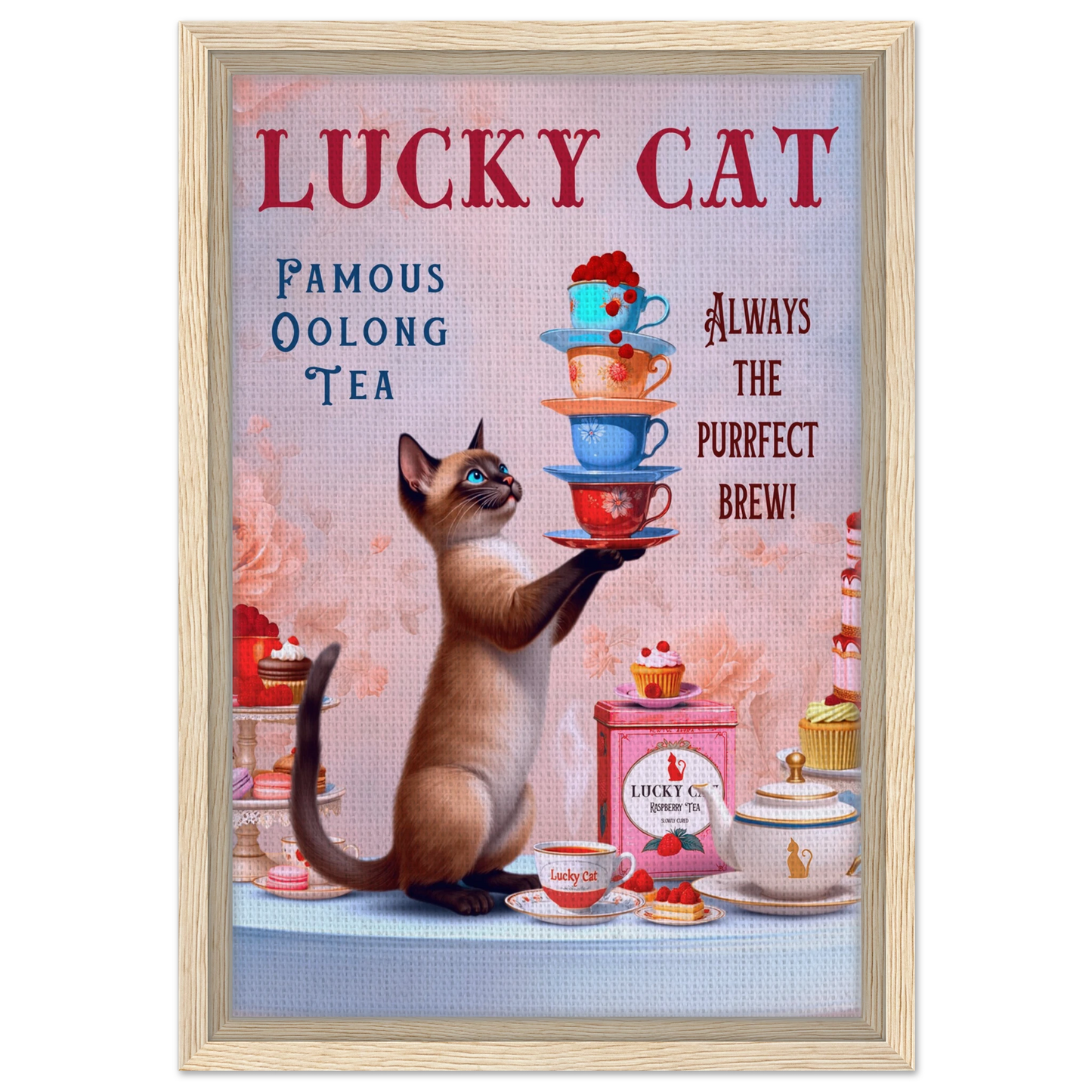 Siamese Lucky Cat Vintage Tea Art Print 30x45 cm 12x18″ Framed Canvas Light Wood Frame