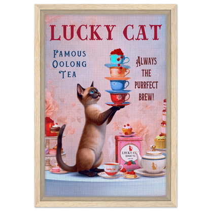 Siamese Lucky Cat Vintage Tea Art Print 30x45 cm 12x18″ Framed Canvas Light Wood Frame