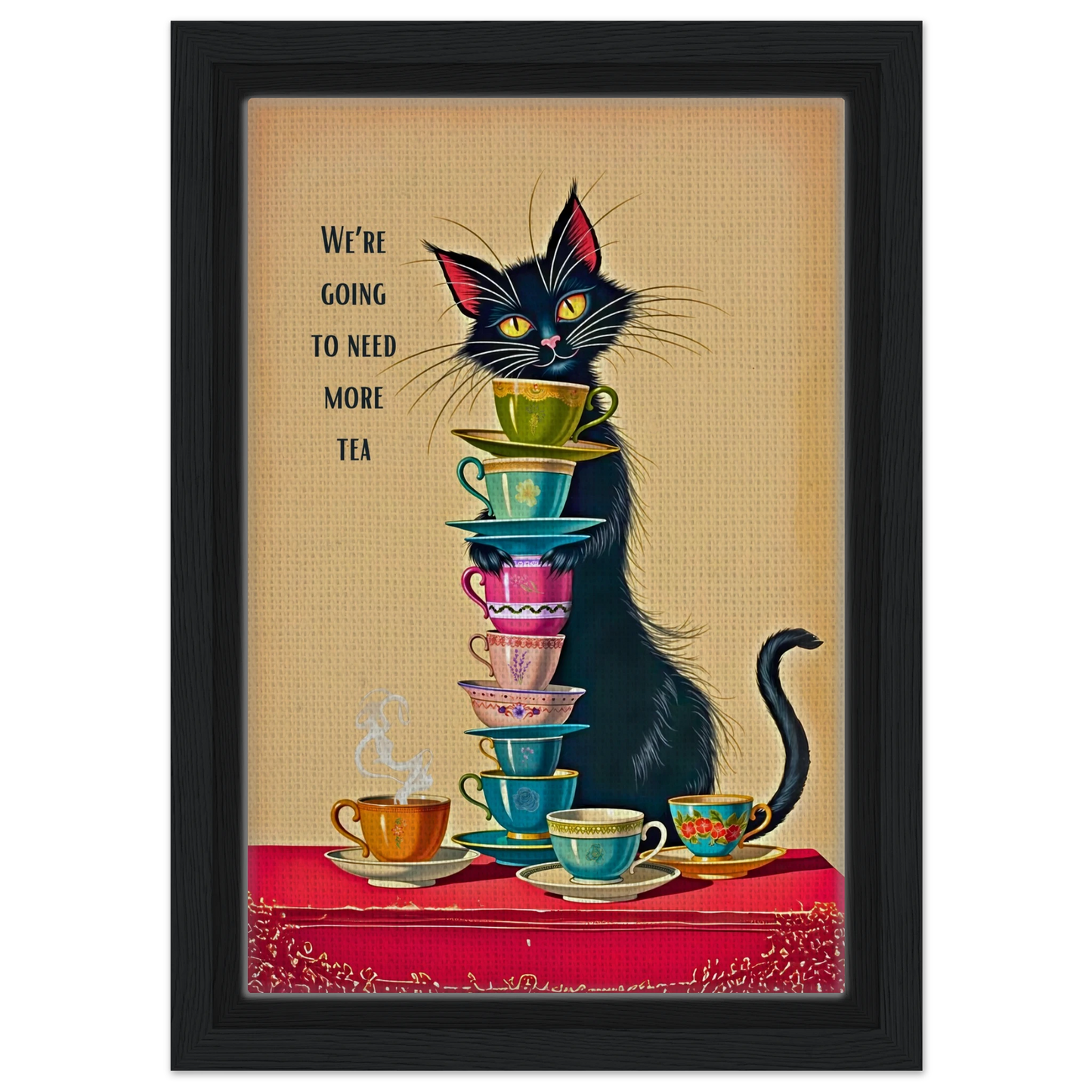 Quirky Cat Funny Tea Art Print 20x30 cm 8x12″ Framed Canvas Black Wood frame