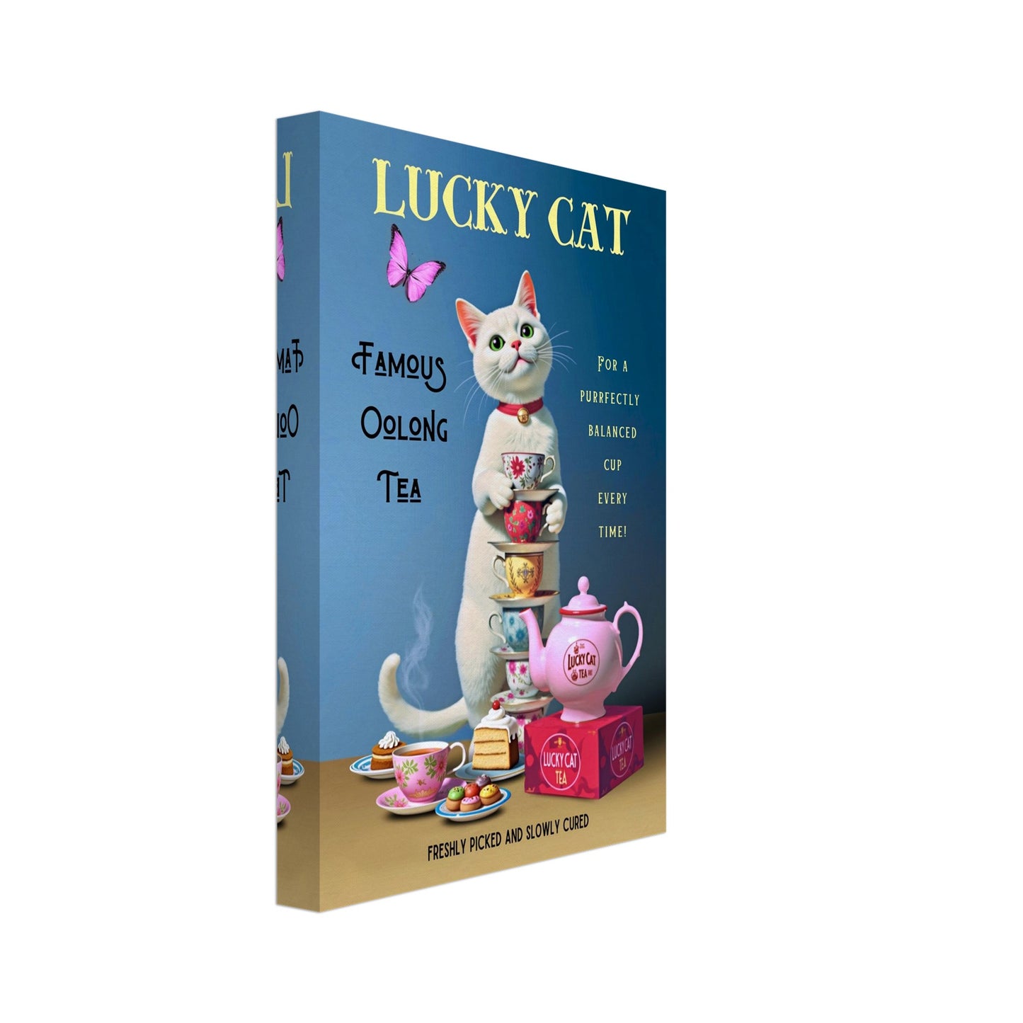 White Lucky Cat Tea Vintage Fine Art Print No Frame 20x30 cm 8x12″ Gallery Wrapped Canvas