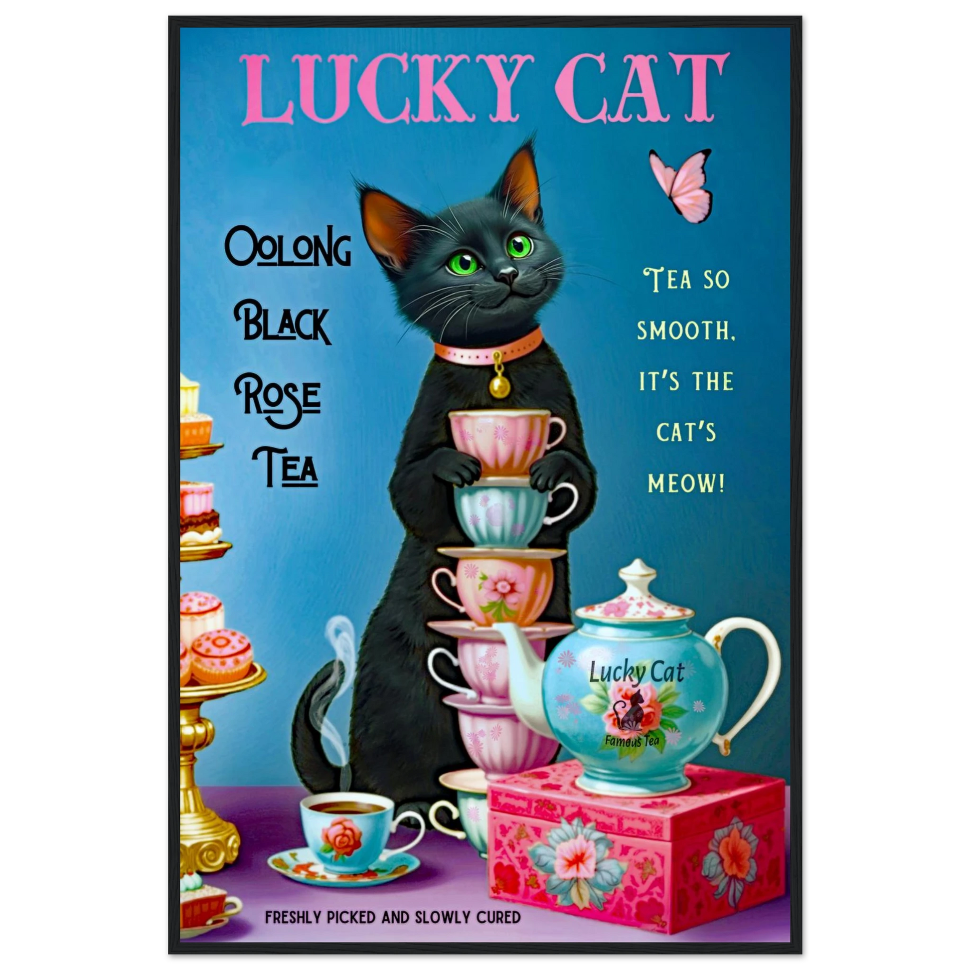 Lucky Cat Vintage Oolong Tea Art Print 60x90 cm 24x36″ Premium Matte Paper Wooden Framed Poster Black Wood frame