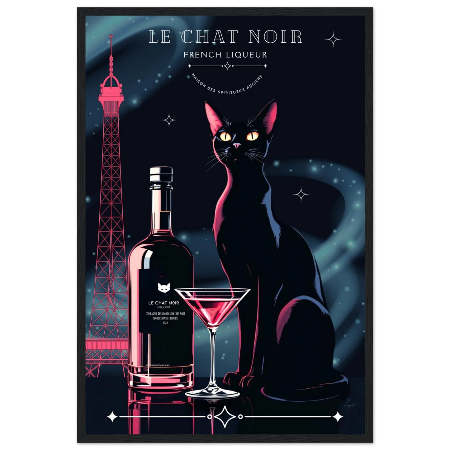 Art Deco Le Chat Noir French Black Cat Art Print 40x60 cm 16x24″ Premium Matte Paper Wooden Framed Poster Black frame