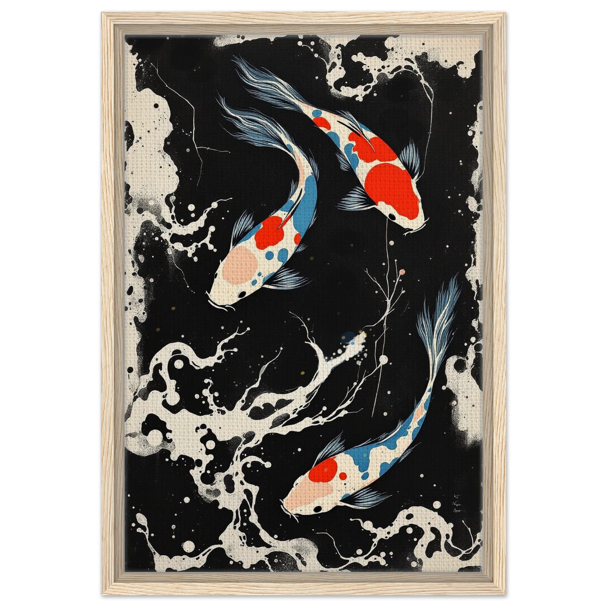 Modern Black White Koi Fish Ocean Art Print 40x60 cm 16x24″ Framed Canvas Light Wood Frame