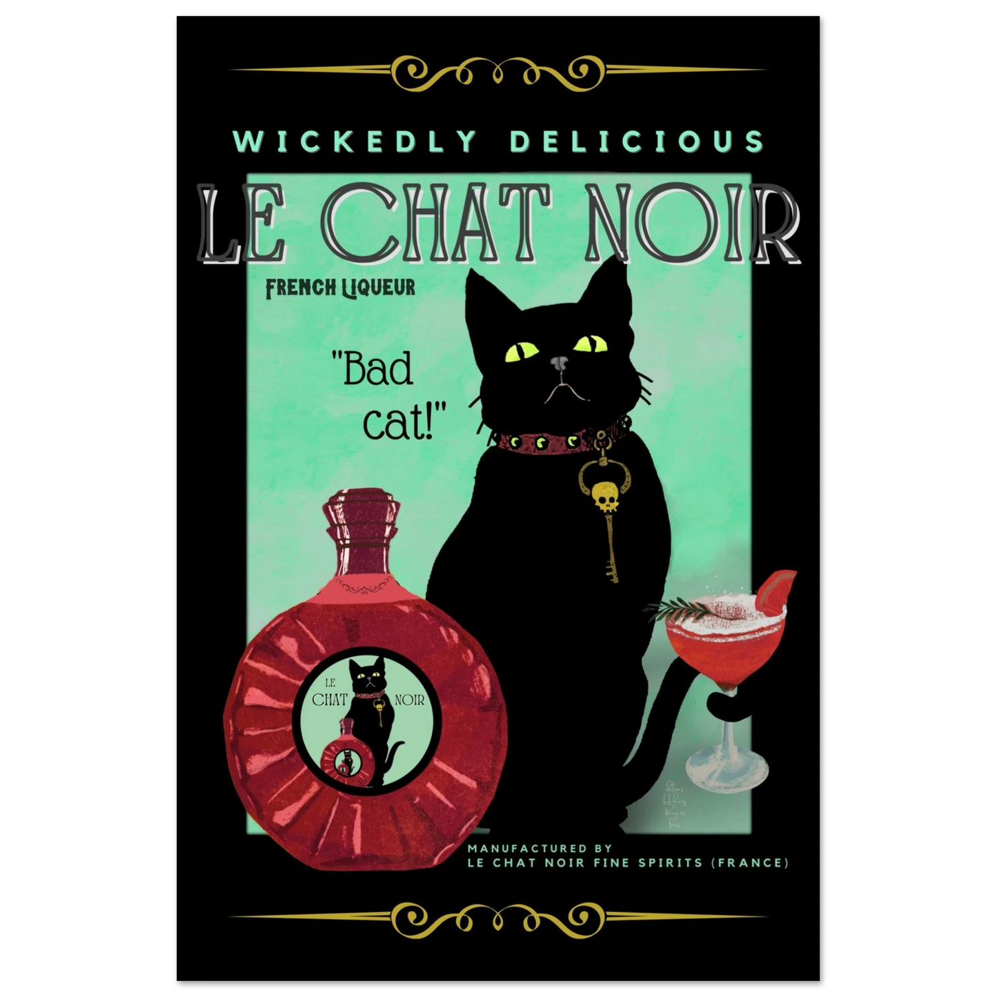 Black Cat Cocktail French Art Deco Print 30x45 cm 12x18″ Premium Matte Paper Poster No Frame