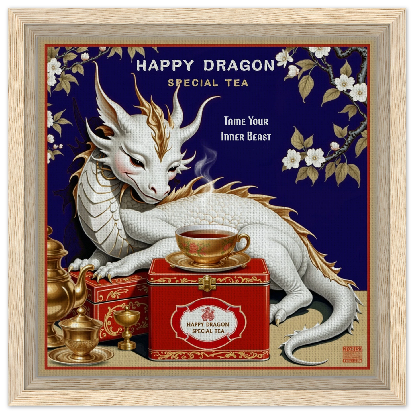 Happy Dragon Tea Art Print 30x30 cm 12x12″ Framed Canvas Light Wood Frame