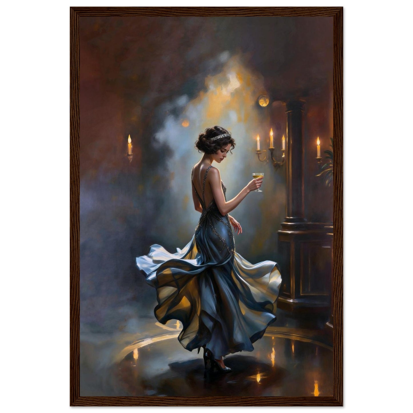 1920s Speakeasy Dancing Flapper Art Deco Print 12x18″ Museum-Quality Matte Framed Poster - Dark Brown Wood