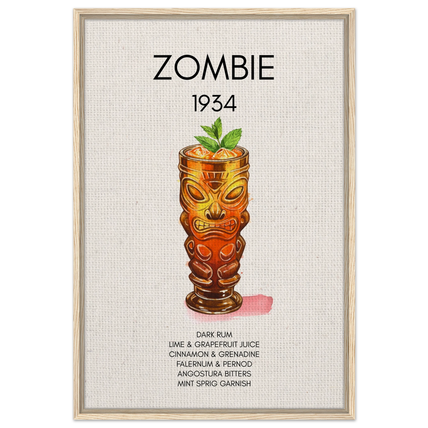 Zombie Tiki Cocktail Bar Poster Print Light Wood Frame 60x90 cm 24x36″ Framed Canvas