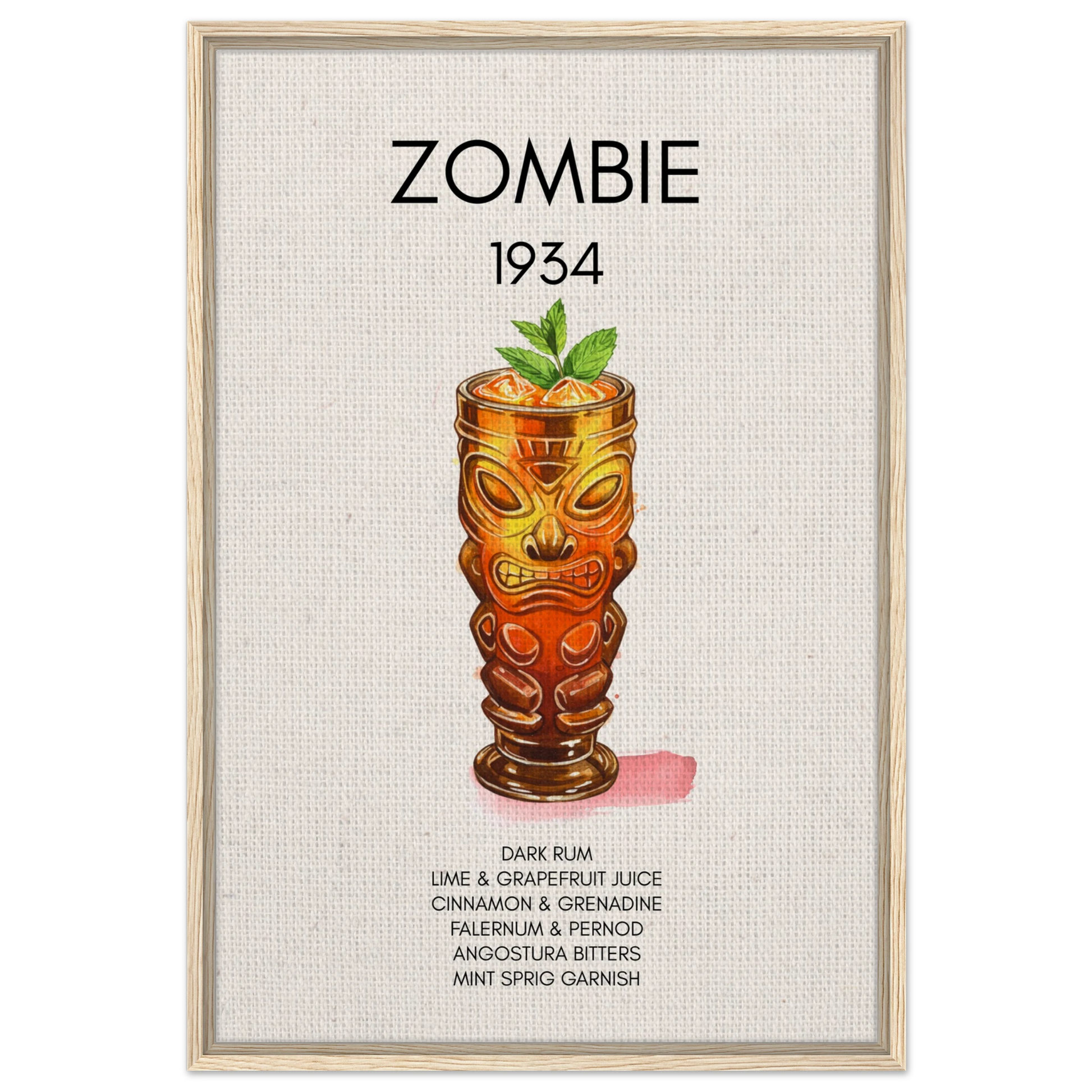 Zombie Tiki Cocktail Bar Art Print Light Wood Frame 60x90 cm 24x36″ Framed Canvas